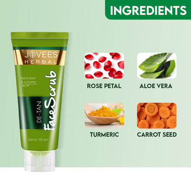 Jovees Herbal De-Tan Scrub With SPF For Brightening & Revitalizing Face Scrub | Remove Dead Skin | Gentle Exfoliation, Smooth and Clear Complexation With Turmeric & Aloe Vera | For All Skin Type- 100g